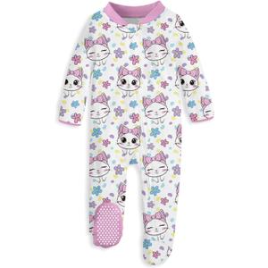 uideazone Baby Girls Footed Pajamas Zip-Front One-Piece Sleeper Non-Slip Footie Cute Pattern Jumpsuit PJs 0-12 Month (6-9 Months, Pink Cat)