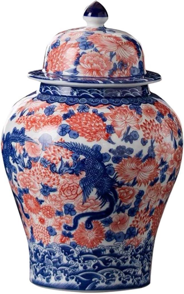 8 inches Phoenix Ginger Jar - red Ceramic Decorative with Lid flower vase chinoiserie gift Enamel jars for Home/Kitchen/Dining/living room/shelf decor/Tea Storage