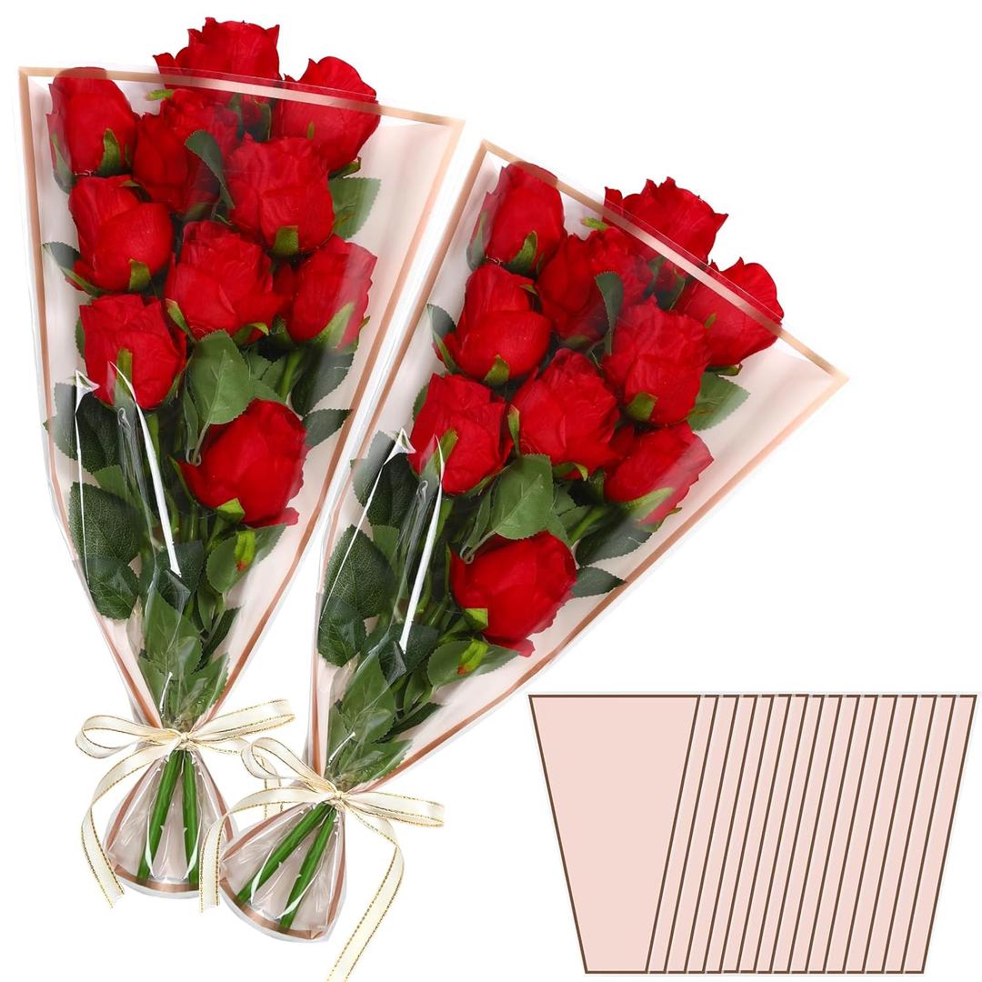 Jansun 40Pcs Pink Flower Bouquet Wrapping Paper with Ribbon, Flower Bags for Bouquets Plastic Floral Sleeves Bulk for Valentines Day Mother's Day Wedding Birthday Florist Wrap Supplies