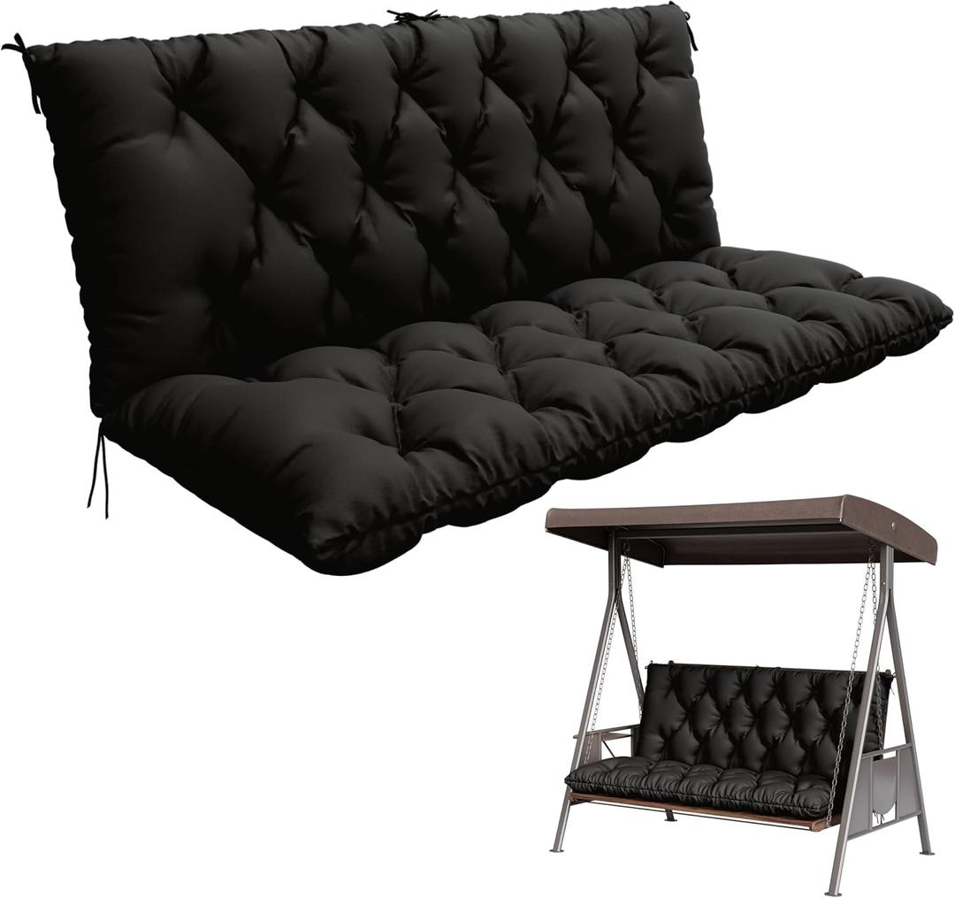 Porch Swing Cushion with Backrest,Waterproof Bench Cushion for Outdoor Furniture,2-3 Seater Replacement Thickened 5 in swing cushion,with Ties,Patio,Outdoor,Backyard and Garden (Black,60x40 in)