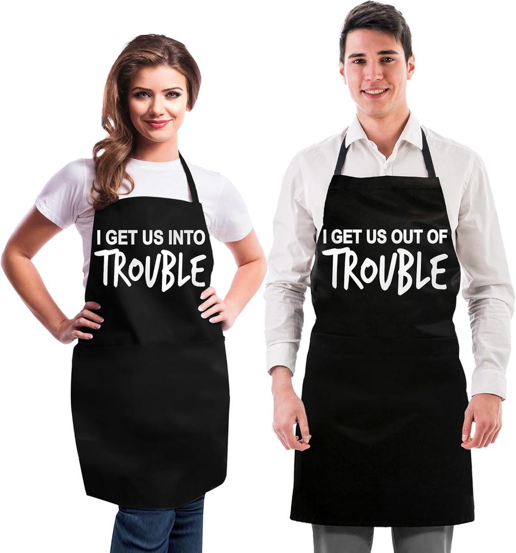 Funny Couple Aprons - Gift Ideas For Her Him - Wedding, Engagement, Bridal, Birthday; Kitchen Cooking Set (I Get Us Into Trouble (Black/Black))