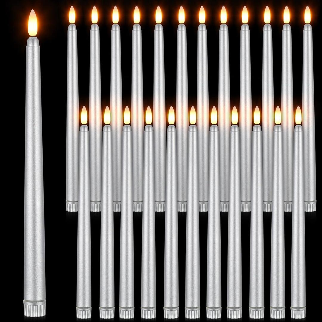 Macarrie 24 Packs Flameless Taper Candles Battery Operated Fake 11 Inch Long Candlelight LED Flameless Candlesticks Flickering Tapered for Christmas Church Prayer New Year Wedding (Silver)