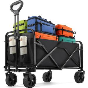 Collapsible Wagon 220 lbs, Heavy Duty Wagon Carts Foldable, Portable Wagons for Groceries, Beach Cart with All-Terrain Wheels & Drink Holders, Utility Wagon for Shopping, Sports, Camping, Black