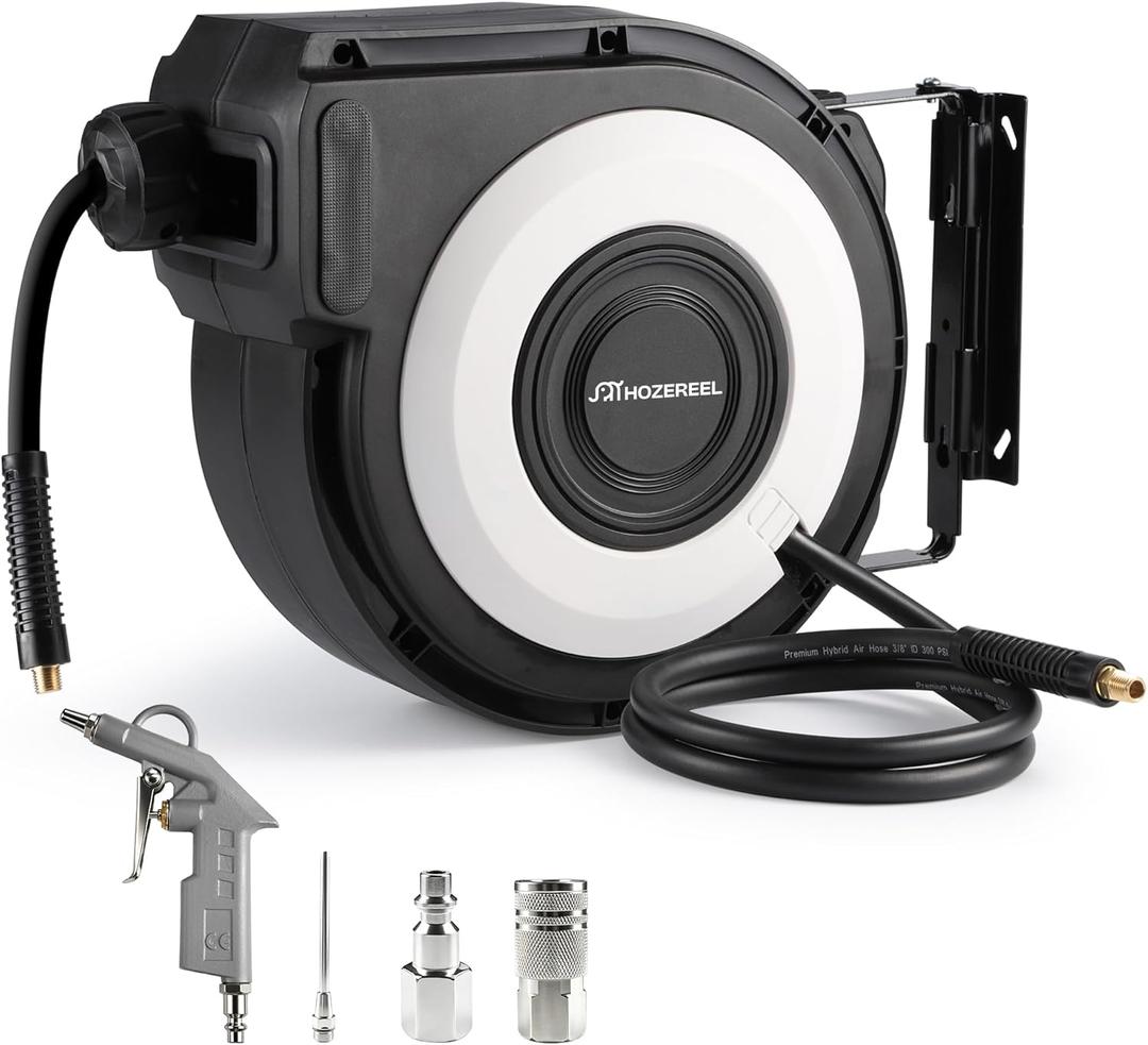 Enclosed Retractable Air Hose Reel, 3/8 Inch x 50+5 Ft Hybrid Hose Air Compressor Hose Reel in Max 300 PSI Design, 180Swivel Bracket Quick Coupler(Black)