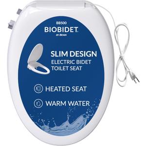 Bio Bidet BB500 Low Profile Electric Bidet Toilet Seat, Warm Water, Slim Heated Seat with Smart Sensor and Slow Close Lid, Night Light, Elongated, White