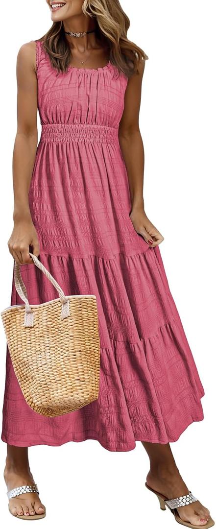 AlvaQ Women Summer Dresses Sleeveless Smocked Midi Dress High Waist Casual Tiered A Line Sundress with Pockets (Pink, M)