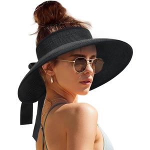 Camptrace Sun Visors for Women Wide Brim Beach Hat Foldable Straw Visor Hat Ponytail Summer Packable UPF 50+ (One Size, Black)