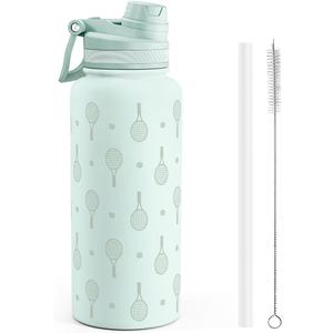 Tennis Stainless Steel Water Bottle with Strap 32oz, Insulated Bottles with Straw and Spout Lid for Gym Sports Travel Outdoor, Gifts for Women Girls Birthday Christmas