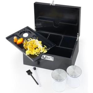 SENSUNIQ Large Wooden Box, Locked Storage Decorative Box with Combination Lock, Wood Lock Box with Lid, Wooden Locked Storage Box with Removable Tray and Jars (Black Box Set)