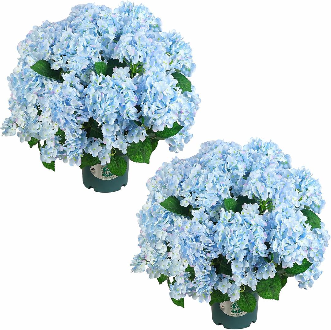 QIANYUN Artificial Hydrangea Bush  20 Inch Potted Faux Hydrangea Plant, UV Resistant Outdoor Hydrangea Artificial Plants for Front Porch, Garden, Patio & Indoor Decor (Blue)