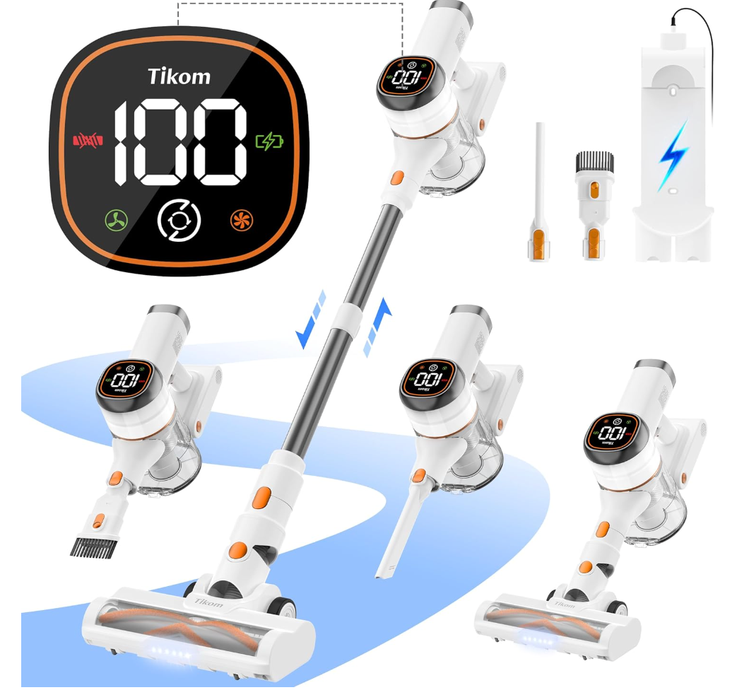 Tikom V500 Cordless Vacuum Cleaner for Home, 40000Pa/450W Stick Vacuum with LED Touch Screen, Charging Wall Dock, Anti-Tangle, Lightweight Handheld Vacuum for Pet Hair, Hard Floor, Carpet