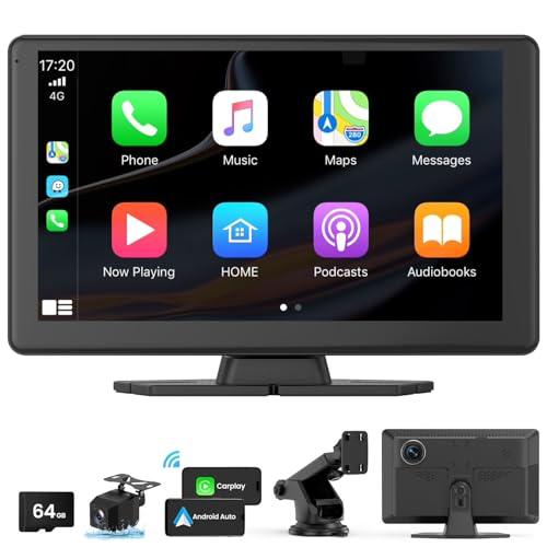 Portable Carplay Screen for Car 5K Dash Cam, 9" Wireless CarPlay & Android Auto Car Audio Receivers with 1080p Backup Camera, Bluetooth/GPS Navigation/Voice Control/Mirror Link (Black)