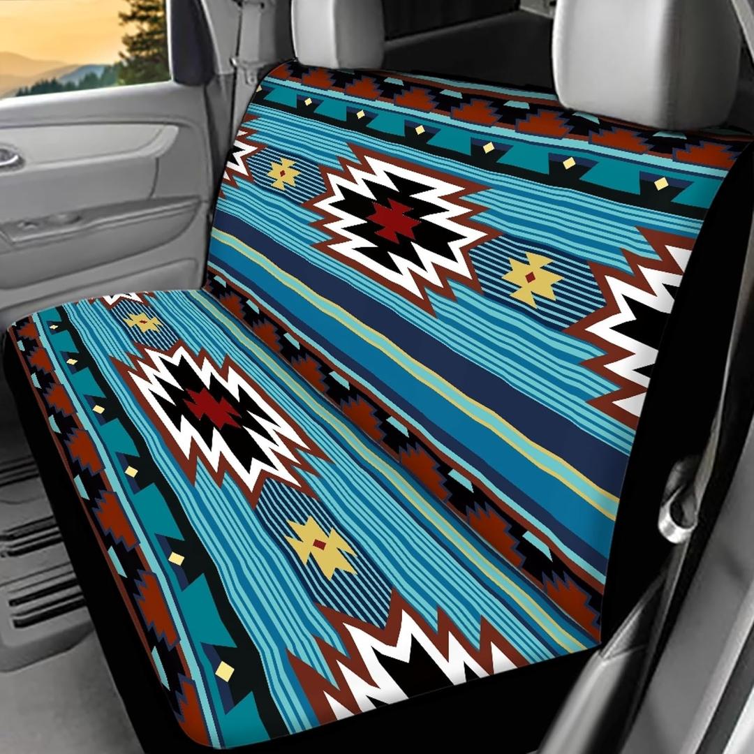 WELLFLYHOM Aztec Print Universal Rear Split Bench Seat Cover for Cars Truck SUV No Headrest Tribal Turquoise Geometric Stripe Design Back Seat Backrest Saddle Blanket Protector Set of 2