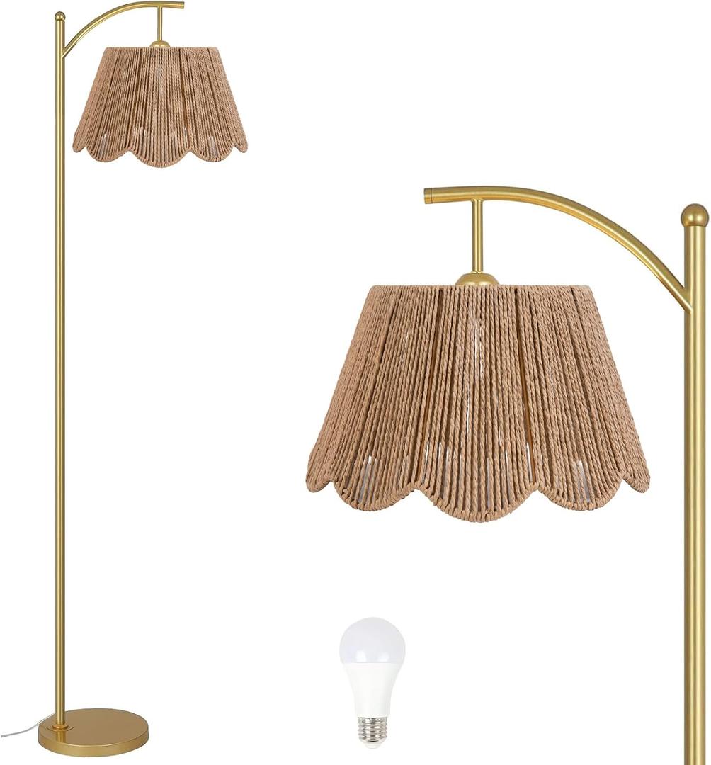 Arc Floor Lamp for Living Room with Remote ControlRattan Boho Floor Lamp with Hand-Woven Wicker Shade, Foot Switch, Gold/Silvery Metal Base & Pole,Standing Lamp for Bedroom (Gold&Paper Rope)