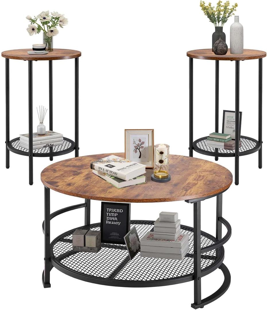 VEVOR 3 Pieces Round Coffee Table Sets, 31.5 in Industrial Living Room Table with 2 End Side Tables, Easy Assembly Coffee and End Tables Sets with Metal Legs, for Office, Living Room and Apartment