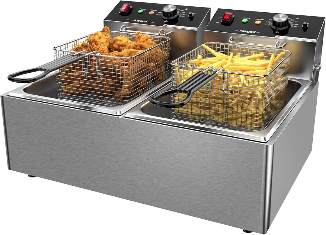 Commercial Deep Fryer with Baskets Stainless Steel Double Deep Fryer with 2 Baskets Capacity 10L X 2(21.3QT) Electric Countertop Fryer for Restaurant and Home Use, 110V 3400W (20L)