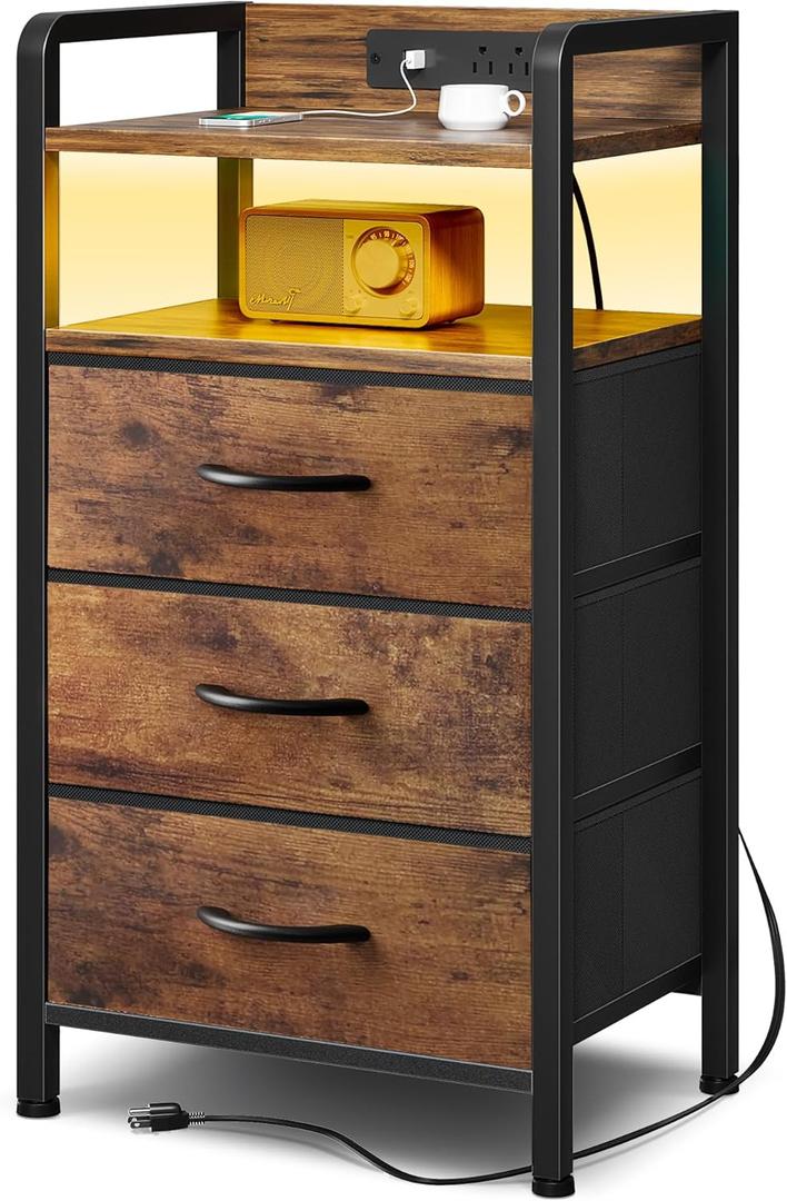 Lazzanto Night Stand Bedside Table Bedroom - Nightstand with Charging Station & LED Light Strip, Bed Side End Table with Storage Shelf & 3 Fabric Drawers, U-S-B Ports & AC Outlets, Rustic Brown
