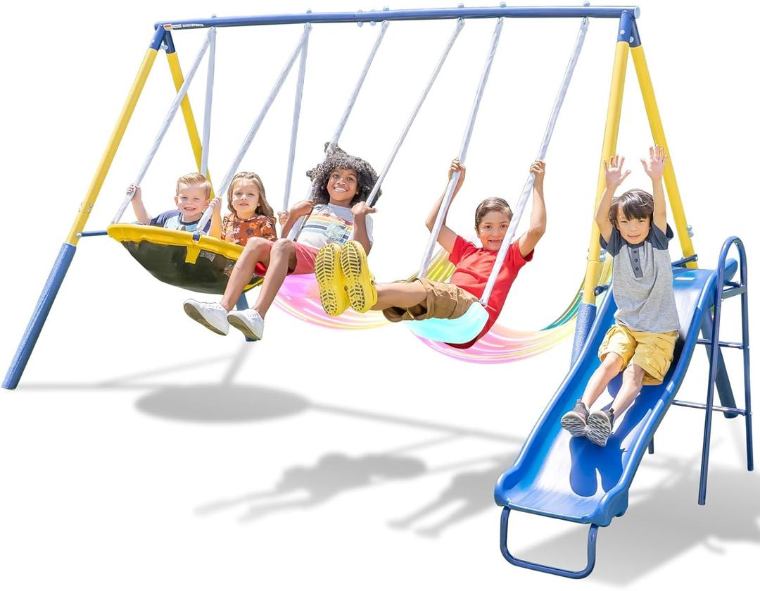Sportspower Starlight Metal Swing Set with 2 LED Light-Up Swings, Saucer Swing & 5ft Slide  Outdoor Kids Playset with Sturdy Frame and Safety Features