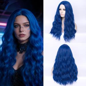 24" Long Dark Blue Curly Wavy Wig For Women Heat Resistant Fiber Wigs Halloween Cosplay Daily Party+Cap (Dark Blue)