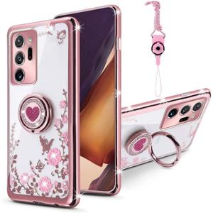 for Galaxy Note 20 Ultra Case for Women, Glitter Crystal Butterfly Heart Floral Slim TPU Bling Cute Girls Protective Cover with Ring Holder Stand+Strap for Note 20 Ultra (Rose Gold)
