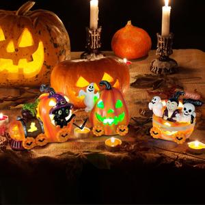 Hexagram Halloween Table Decorations Lighted Train, Halloween Centerpieces for Tables Pumpkin Decor with Black Cat Ghost Figurines, Indoor Outdoor Home Tabletop Decor (12"x2.8"x3.6")