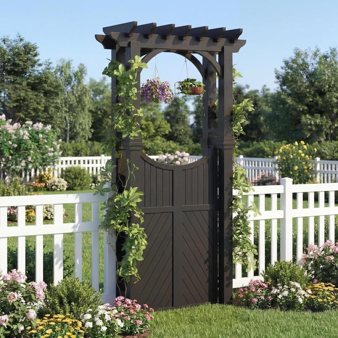 Garvee Wooden Garden Arbor with Gate and Trellis, Outdoor Arch Trellis for Climbing Plants and Plant Stand, Yard Garden Decor
