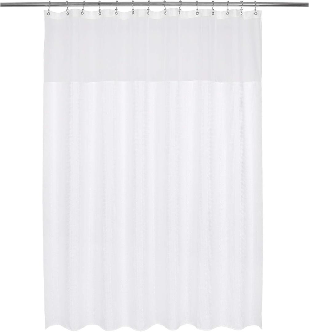 Barossa Design Long and Wide Fabric Shower Curtain with Sheer Window 78 x 78 inch, Waffle Weave, Hotel Grade, 230GSM Heavyweight, Water Repellent, Machine Washable, White, 78x78
