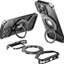 Fit for MagSafe iPhone 15 Pro Metal Frame Case, Military-Grade Shockproof Adjustable Metal Body. 360 Adjustable Ring Kickstand. Drop-Proof airbags. Metal Button. Black.