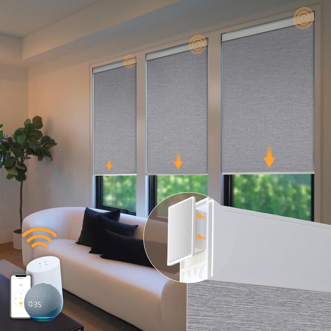 Motorized Blinds No Drill Automatic Blinds for Windows Cordless Roller Shades Electric Blinds with Remote Control Smart Blinds (Grey, 34.5 x 72) (34.5"W x 72"H)