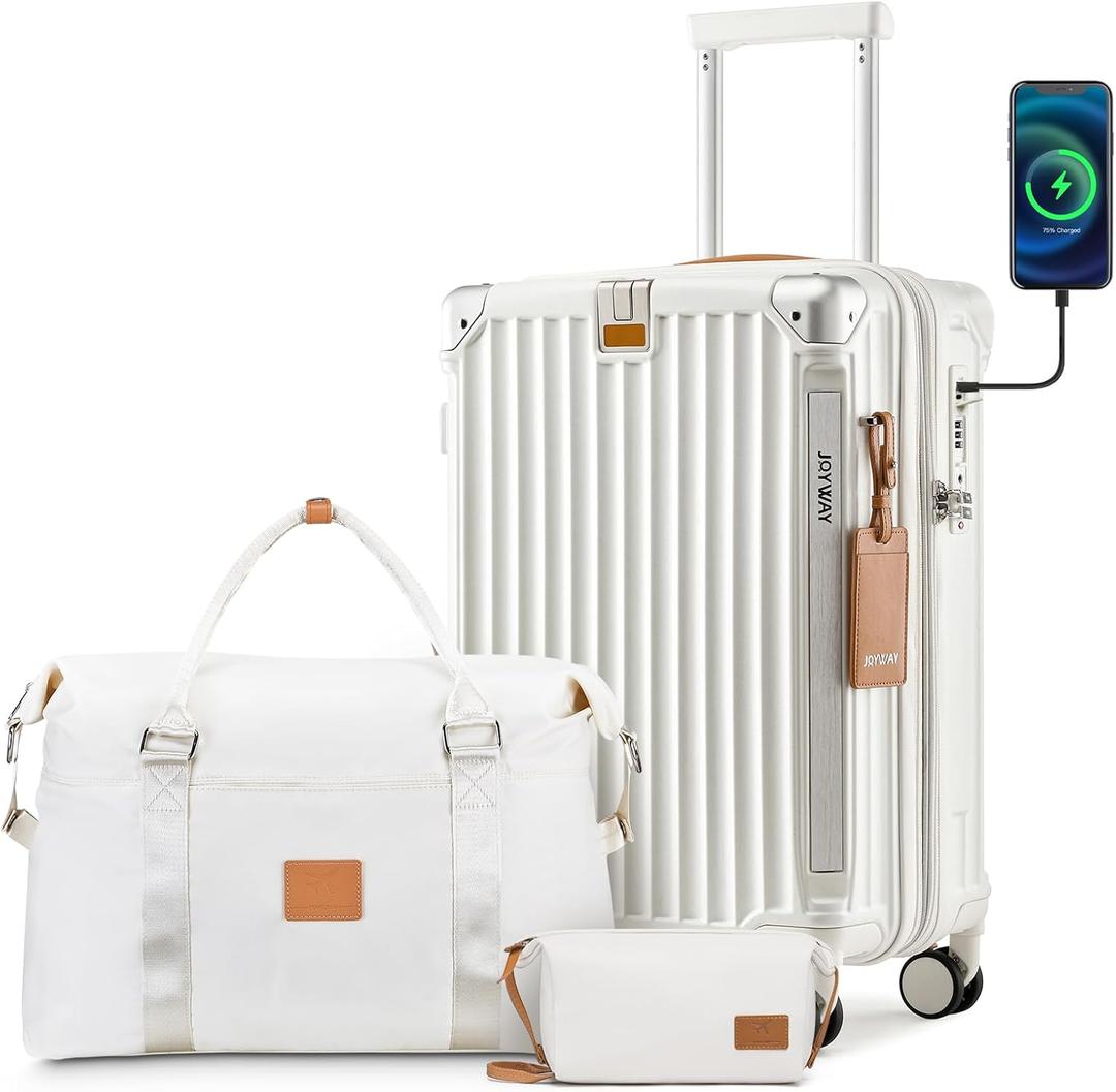 Joyway 20in Carry On Luggage with Cup Holder and USB Port, 25% Expandable Capacity, Smart Suitcase with Anti Slip Wheels and Handbag, Perfect for Men and Women 3 Piece Set White