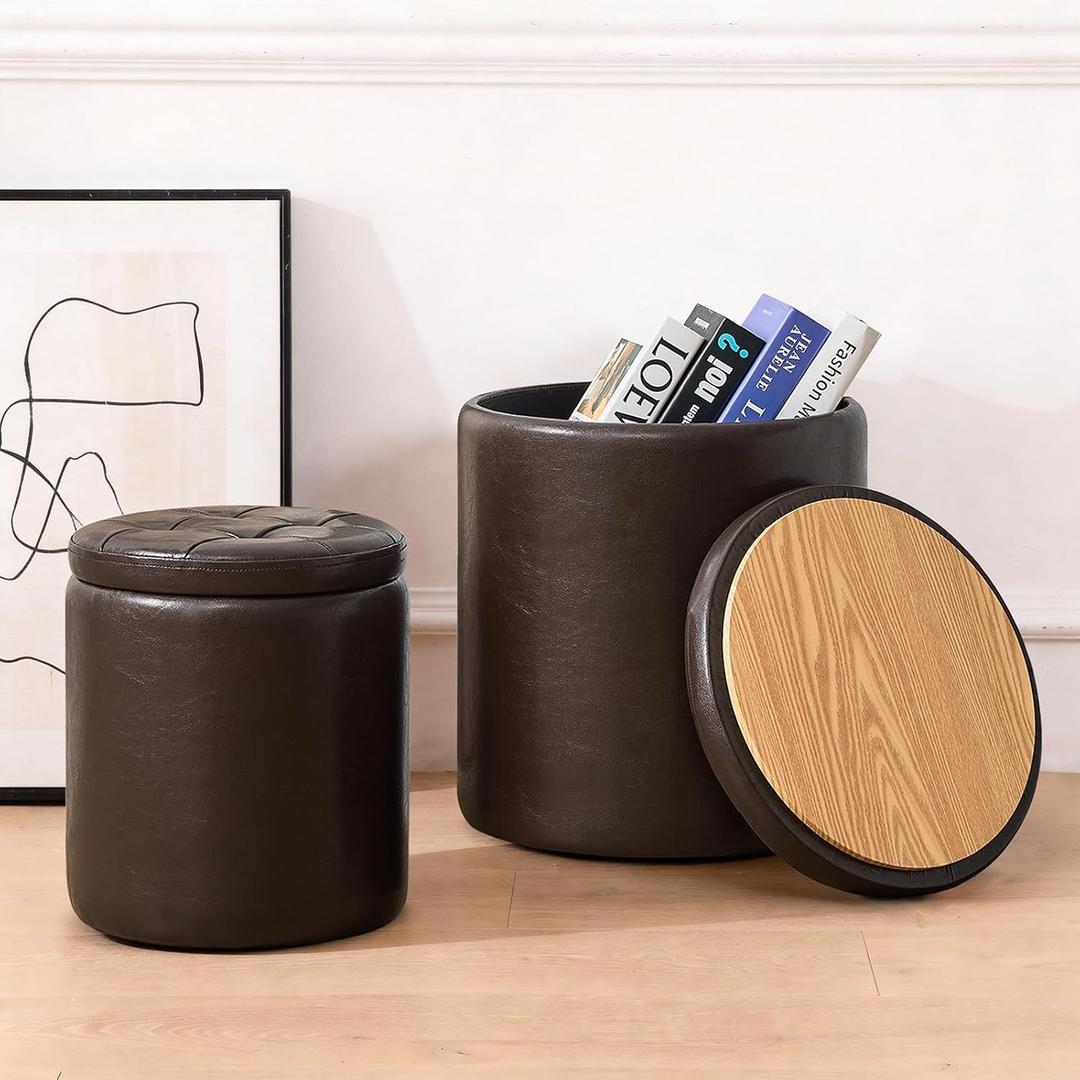 oakvivo Round Set of 2 14.76" L x 14.76" W x 17.32" H Faux Leather Ottoman with Storage, Small Foot Rest Storage Ottomen with Lid Living Room, Bedroom Vanity Stool Chair, Coffee