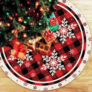 Christmas Tree Skirt 48inches Xmas Christmas Party Tree Skirt Decorations Red White Snowflake Buffalo Plaid Style Winter Holiday Tree Skirt for Home Indoor