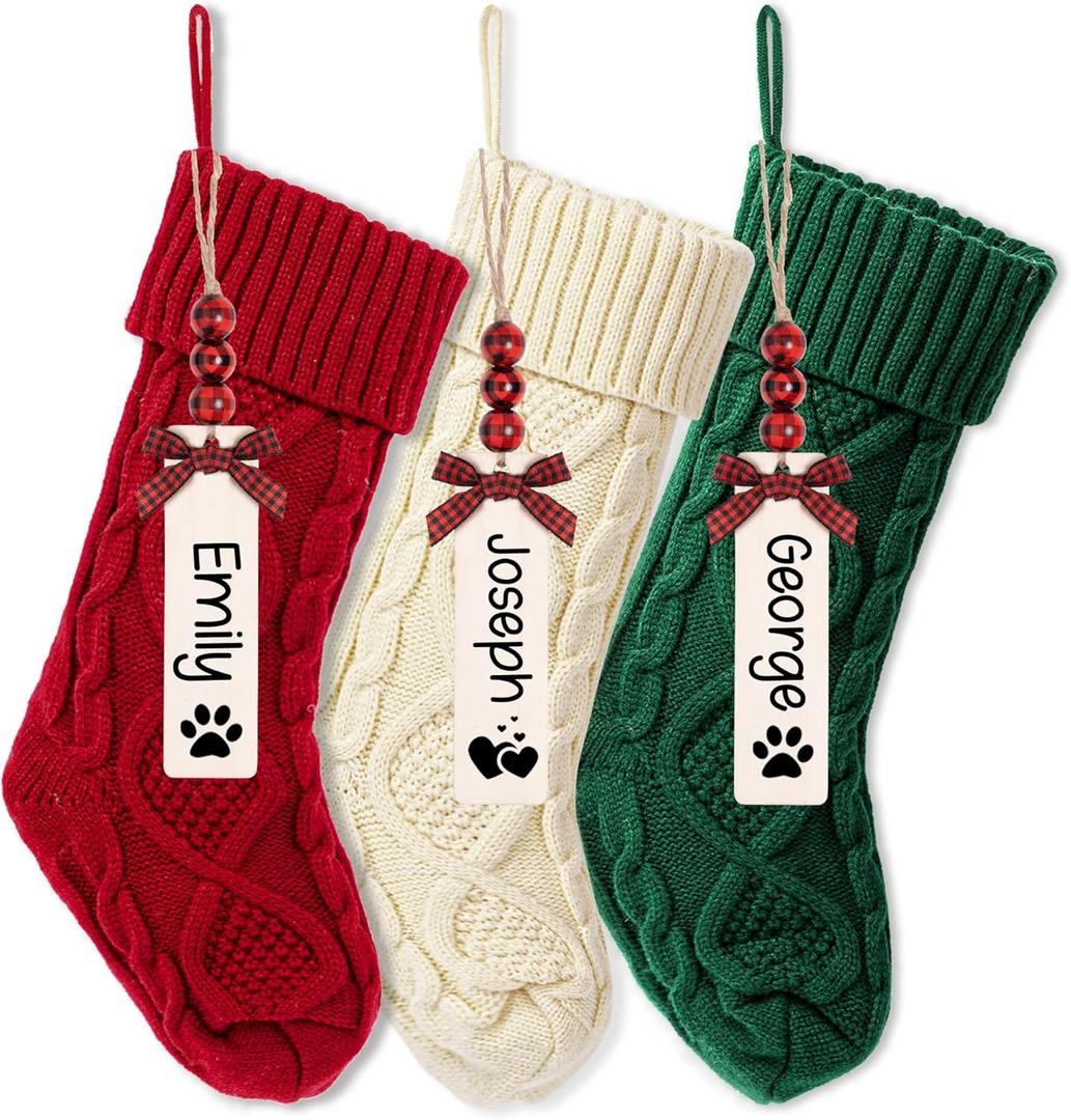 Mostop 3 Pack Knit Christmas Stockings 18 inches Large Size Cable Knitted Stocking with 3 Leather Name Tag for Xmas Gift Family Holiday Season Decor