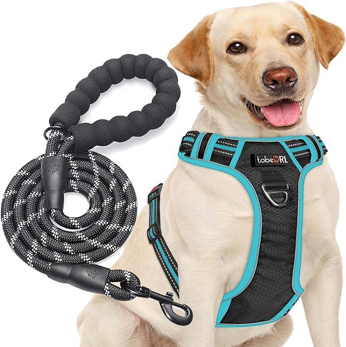 No Pull Dog Harness Adjustable Reflective Oxford Easy Control Medium Large Dog Harness with A Free Heavy Duty 5ft Dog Leash s(Medium,Blue)