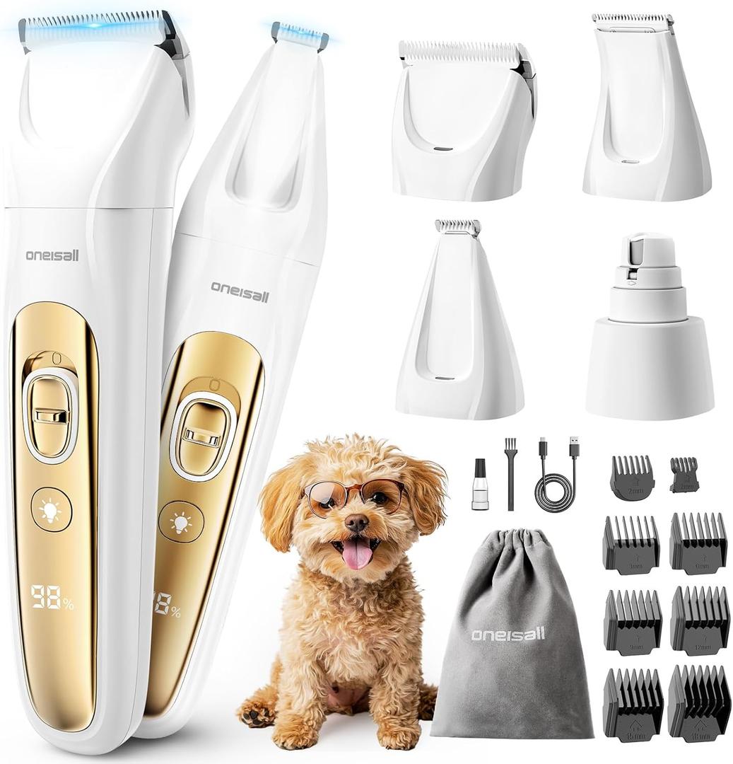 oneisall Quiet Dog Grooming Kit 4 in 1, LED Light Dog Nail Grinder, 2000mAh Pet Grooming Clippers Paw Trimmer for Paw, Nail, Face, Ears, Legs, Body with Storage Bag (Gold)