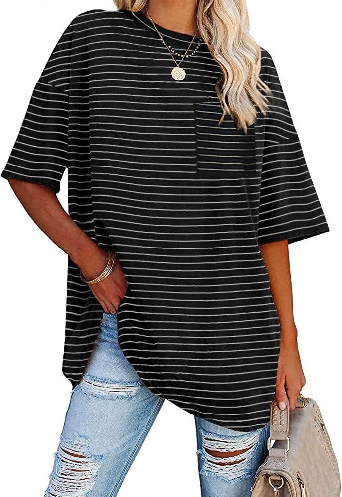 Fisoew Womens Oversized Tees Loose T Shirts Half Sleeve Crew Neck Color Block Cotton Tunic Tops L