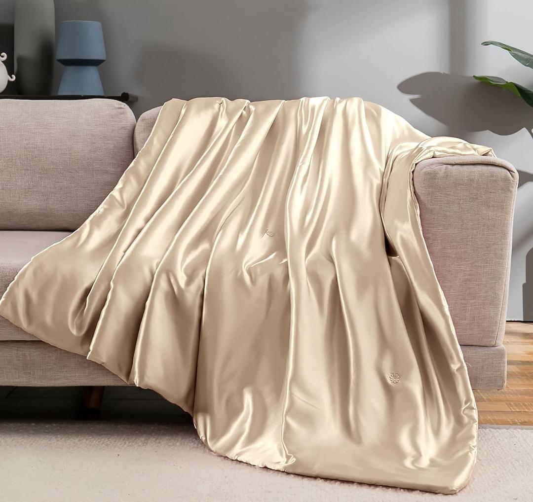 Vonty Satin Throw Blanket Taupe Satin Blankets 50x60 Inches(with Small Flowers), Cooling & Silky Throw Blanket Wrinkle-Free Cable Knit Throw Blankets for Coush Sofa Bed Outdoor