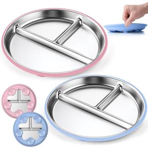 OVV Stainless Steel Kids Plates (2 Pack) 9 Inch Toddler Divided Plates with Removable Silicone Sleeves & 5 Suction Cups Baby Self Feeding | Mess-Free Mealtime | Dishwasher Safe (Blue/Pink)