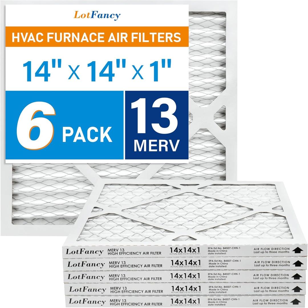 LotFancy 14x14x1 Air Filter MERV 13 6-Pack, Electrostatic Pleated HVAC Furnace Air Filter, Captures Pet Dander Smog Smoke, Actual Size: 13.75"x13.75"x0.75"