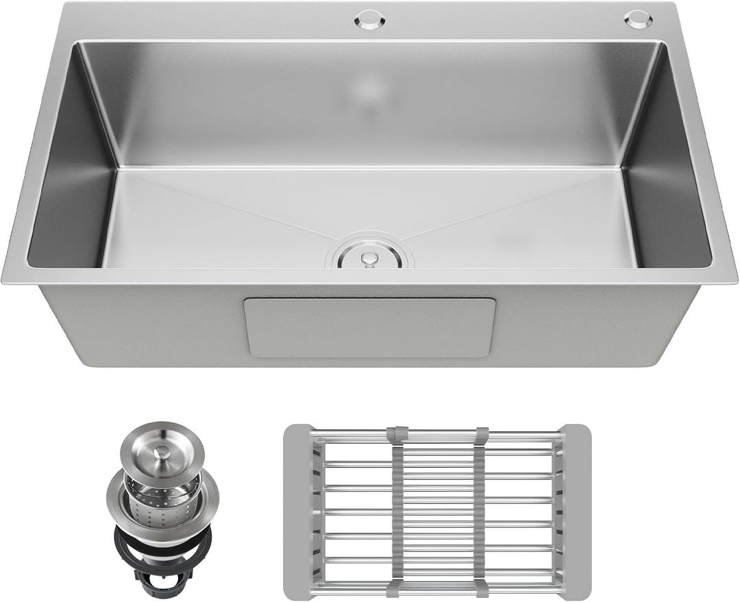 30-inch Single Bowl Workstation Kitchen Sink, Drop-in/Top-Mount Stainless Steel with Nano Coating & Basket Strainer, 30"x18"