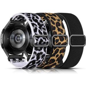 Lerobo Elastic Bands Compatible with Samsung Galaxy Watch 8 7 6 5 4 40mm 44mm/Galaxy Watch 8 Classic 6 4 Classic 43mm 47mm 42mm 46mm/5 Pro Band 45mm/Active 2,3 Pack 20mm Adjustable Nylon Sport Band (Black/White Leopard/Leopard)