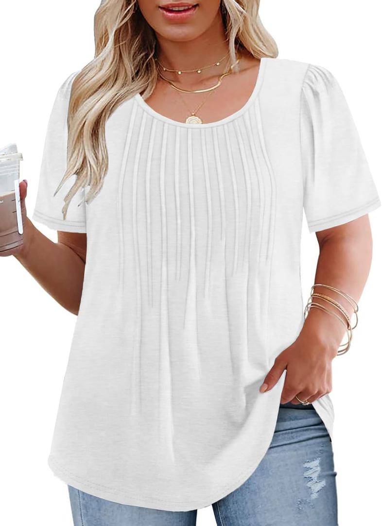 VISLILY Womens-Plus-Size-Summer-Tops Trendy Puff Short Sleeve T Shirts Cute Flowy Pleated Blouses Casual Crewneck Tunics Tee Size 2XL White