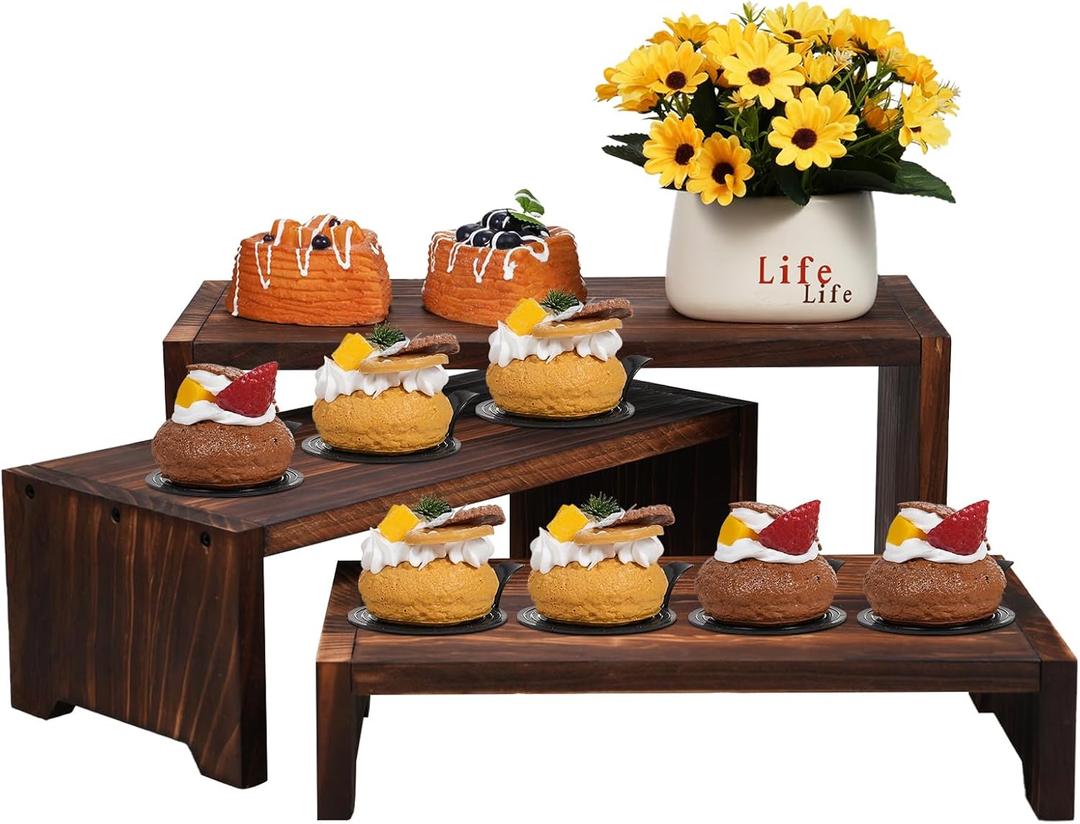 3-Tier Wooden Cupcake Stand & Display Risers, for Food Desserts & More, Sturdy & Reusable (Brown)