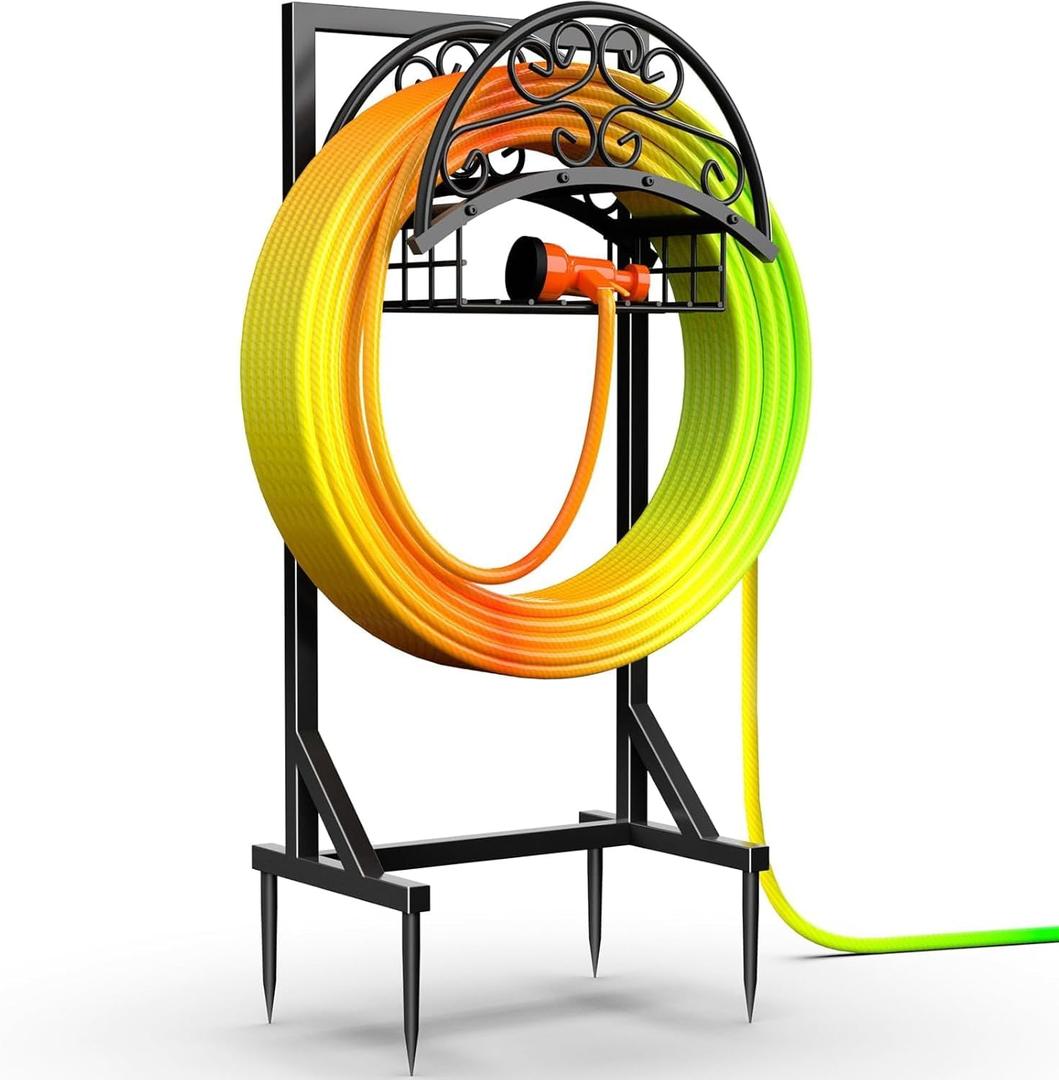 Heavy Duty Garden Hose Holder with Storage Basket, Detachable & Super Stable Water Hose Holder for Outside, Supports 160-Feet Hose, Perfect for Yard and Lawn
