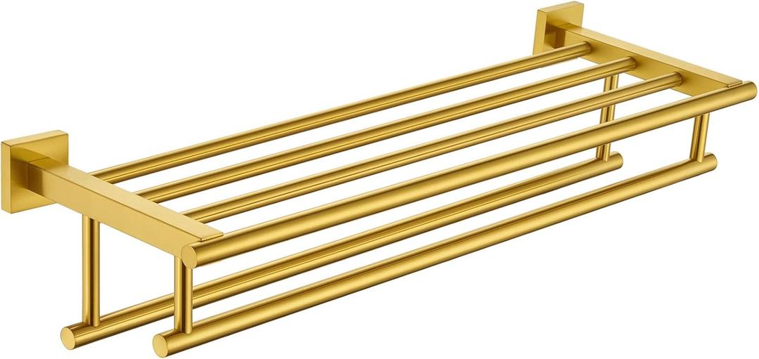 Bathroom Towel Shelf with Holder, Angle Simple SUS304 Stainless Steel Bath Towel Rack with Double Towel Bar, Wall Mount, Brushed Gold 23.62 Inches
