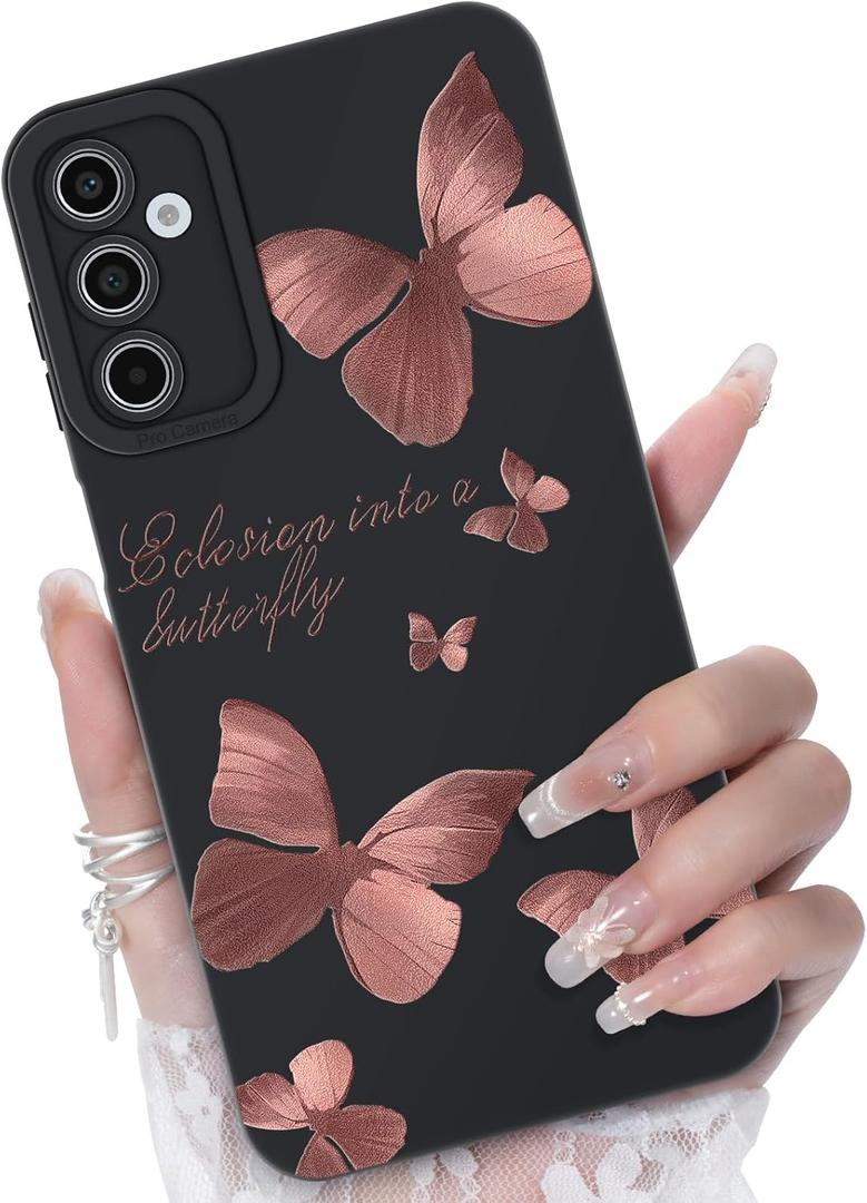 2 x for Samsung Galaxy A13 5G/A04S Phone Case, Fashion Flower Pattern Design Girls Women Liquid Silicone Cover, Slim Shockproof and Scratch-Resistant Soft Case for Samsung A13 - Butterfly Black