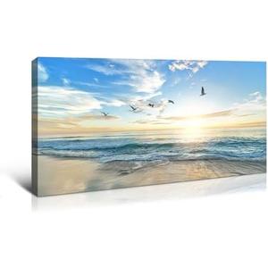 Dimpoli Beach Ocean Canvas Wall Art, Ocean Seagull Birds Blue Natural Scene Artwork Decorations for Home Living Room Decor 48x24 Inches