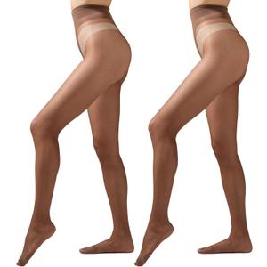 VERDALUX 2 Pairs Women's 20D Ultra Sheer Tights with Bikini-shaped Pattern, Everyday Comfort for Dresses & Pants (Large, Dark Brown)