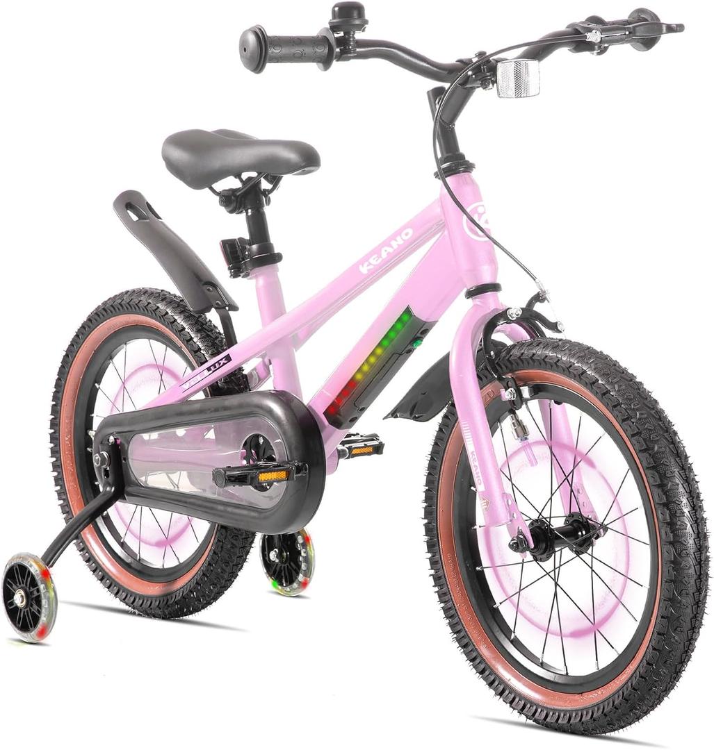 KEANO 12-20" Kids Bike for 3-10 Yrs, Light-Up Training Wheels, 16 Inch with Training Wheels