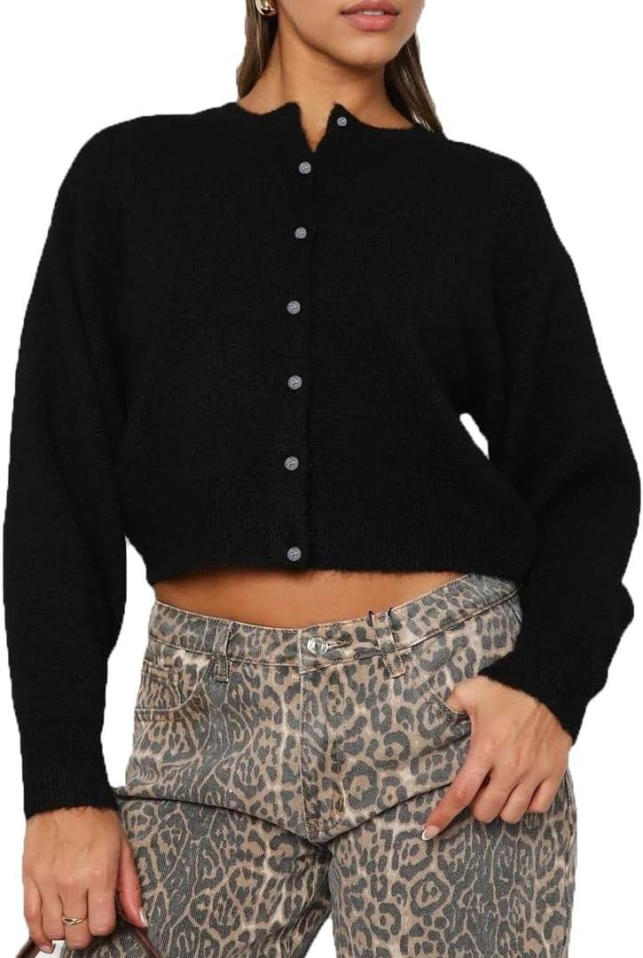 Cioatin Women Y2K Open Front Button Down Crop Sweater Cardigan Long Sleeve Lightweight Knit Pullover Fall Outfits Tops (Black, L)